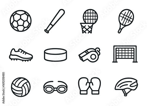 Sports Anime Icons Grid. Outline icon set of sports anime: soccer ball, baseball bat, basketball hoop, tennis