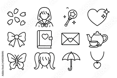Shojo Anime Icon Set. Outline icon set of shojo anime: flower petals, schoolgirl, magical wand, sparkling