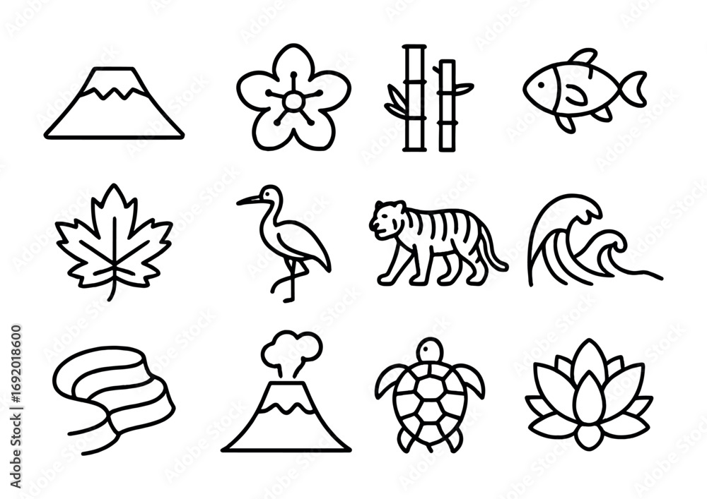 Fototapeta premium Japanese Nature Icons. Outline icon set of Japanese nature: Mount Fuji, cherry blossom, bamboo, koi fish,