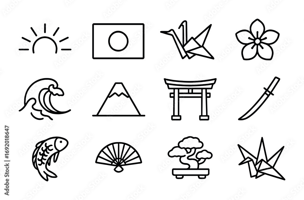 Naklejka premium Japanese Icon Set. Outline icon set of Japanese symbols: rising sun, flag, crane, cherry blossom, wave, Mount
