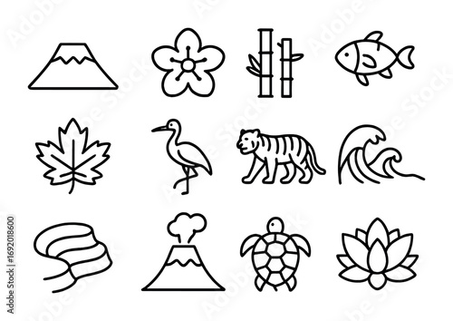 Japanese Nature Icons. Outline icon set of Japanese nature: Mount Fuji, cherry blossom, bamboo, koi fish,