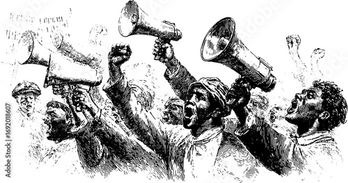 Protest crowd with raised hands and megaphones. Black and white engraving vector illustration of a demonstration set.