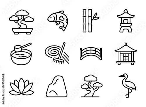 Japanese Garden Icons. Outline icon set of Japanese gardens: bonsai tree, koi fish, bamboo, stone lantern,