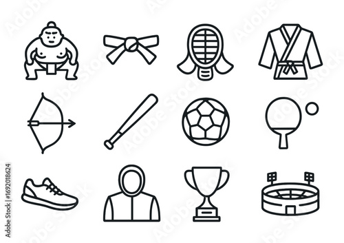 Japanese Sports Icons. Outline icon set of Japanese sports: sumo wrestler, judo belt, kendo mask, karate gi,