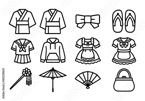 Japanese Fashion Icons. Outline icon set of Japanese fashion: kimono, yukata, obi belt, geta sandals, school