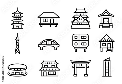 Japanese Architecture Icons. Outline icon set of Japanese architecture: pagoda, tea house, castle, shrine,