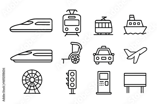 Japanese Transport Icons. Outline icon set of Japanese transport: Shinkansen, subway, tram, ferry boat, bullet