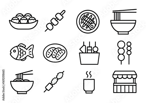 Japanese Street Food Icons. Outline icon set of Japanese street food: takoyaki, yakitori, okonomiyaki, ramen