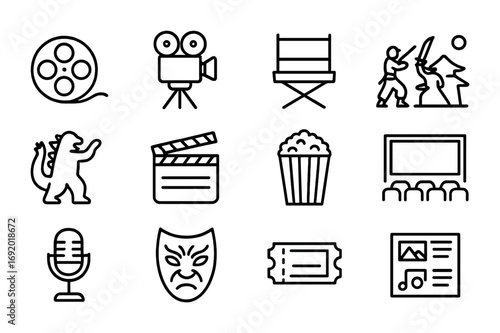 Japanese Cinema Icons. Outline icon set of Japanese cinema: film reel, camera, director chair, samurai scene,