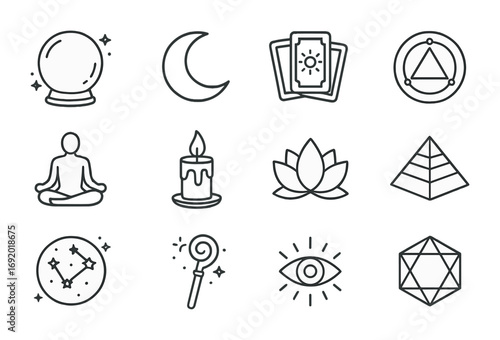 Mystical Icon Grid. Outline icon set of mysticism: crystal ball, crescent moon, tarot cards, alchemy circle,