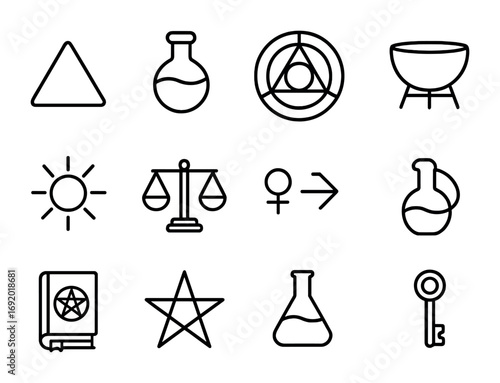 Alchemy Icon Set. Outline icon set of alchemy: philosophers stone, potion vial, transmutation circle,