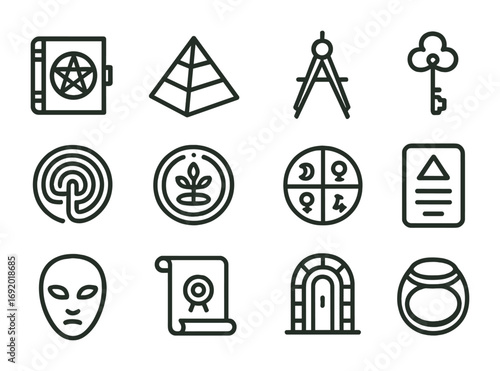 Esoteric Icon Collection. Outline icon set of esotericism: secret book, pyramid, compass, key, labyrinth, seal