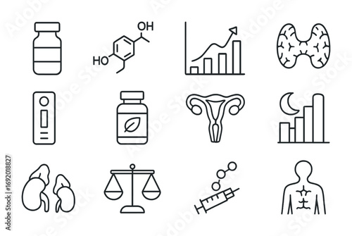 Hormonal Balance Icons. Outline icon set of Hormonal balance hacks: testosterone vial, estrogen molecule,