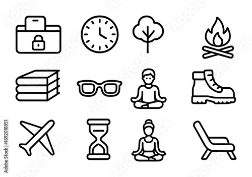 Digital Detox Icons. Outline icon set of Digital detox hacks: phone lockbox, analog clock, nature tree,