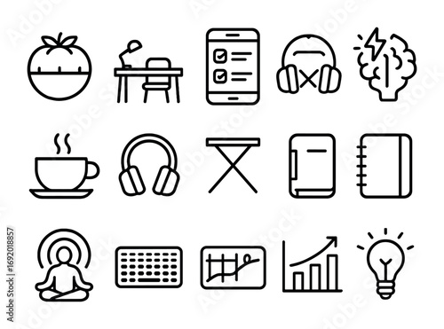 Productivity Bio-Hacks Icons. Outline icon set of Productivity bio-hacks: Pomodoro timer, focus desk, task app