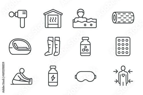 Recovery Icon Set. Outline icon set of Recovery and regeneration: massage gun, infrared sauna, ice bath, foam