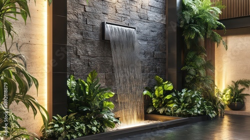 a peaceful indoor space with a wall-mounted water feature, lush greenery, and natural stone elements