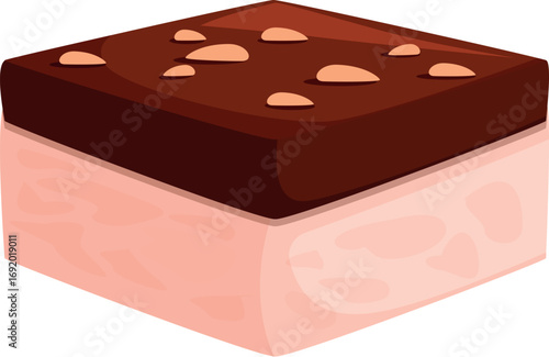 Sweet confection combines a smooth, pink base with a rich chocolate top, adorned with crunchy nuts, creating a tempting treat