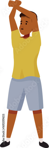 Dark skinned man wearing yellow t shirt and gray shorts, stretching arms over head, preparing for workout