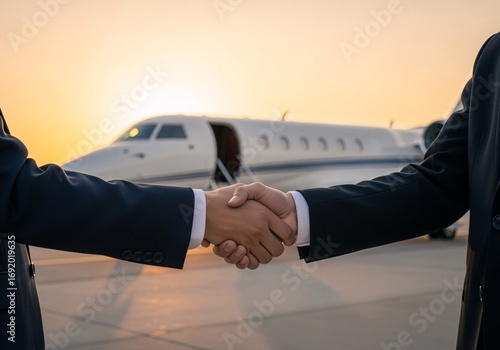 Business Handshake by Private Jet: The image encapsulates the essence of successful business partnership and high-end travel.
