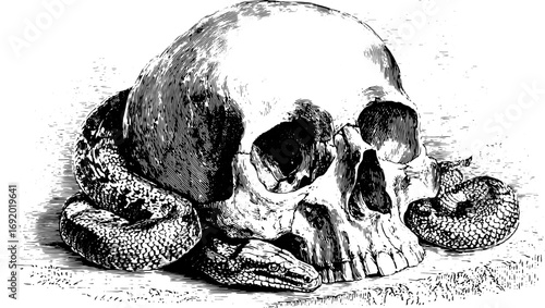 Skull and snake in vintage engraving style. Black and white vector illustration with detailed linework.