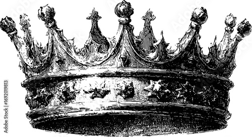 Vintage crown illustration with detailed engraving and linework, presented in black and white. Classic royal vector illustration with traditional and antique design.