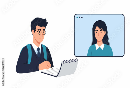 A focused male student with a backpack takes notes during an interactive online video class with a female tutor on a screen