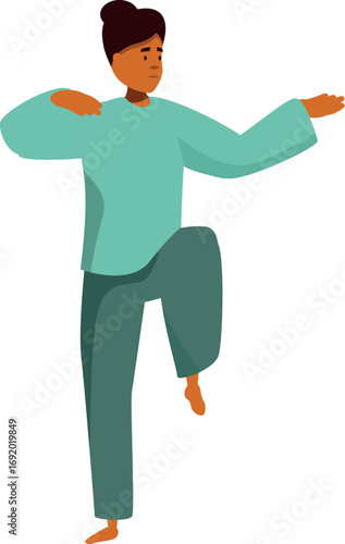 Young woman practicing tai chi, focusing on balance and mindfulness, promoting physical and mental well being