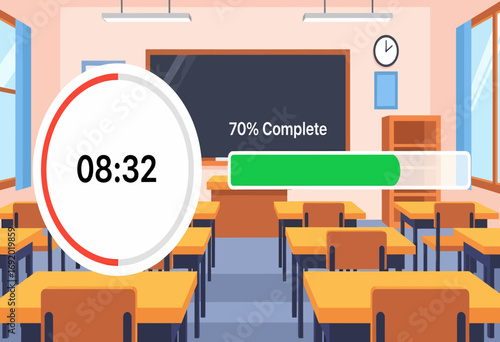 Concept of timed educational assessment showing progress and completion status on a digital interface inside a classroom
