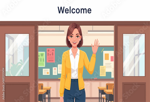 Friendly female teacher character welcoming students at the classroom door. Back to school educational concept with a smiling educator