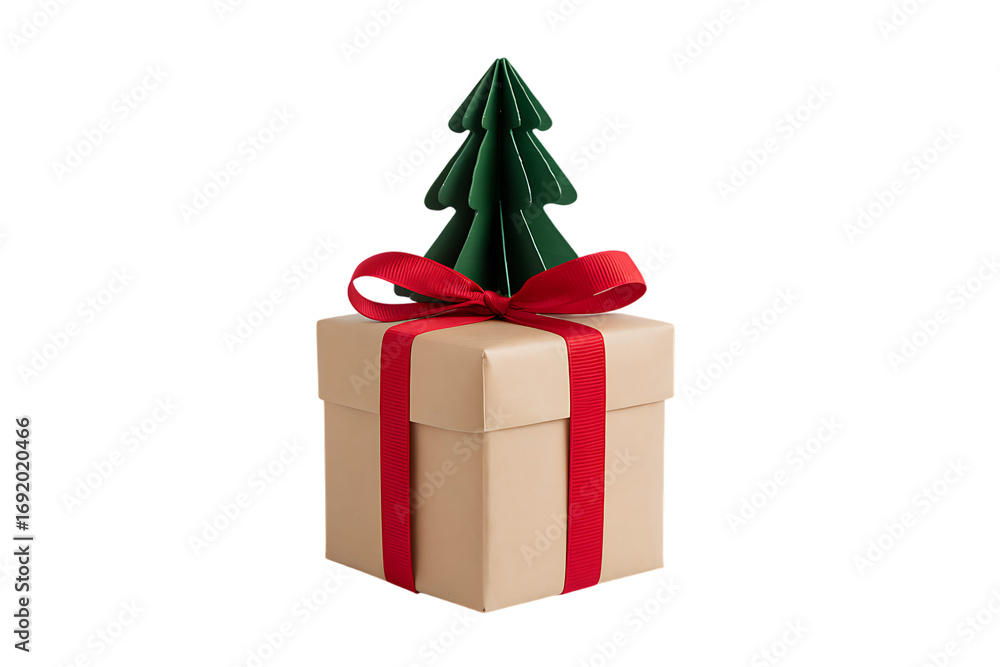 Fototapeta premium A charming Christmas gift elegantly presented with a handcrafted origami tree atop a beautifully wrapped kraft paper box.