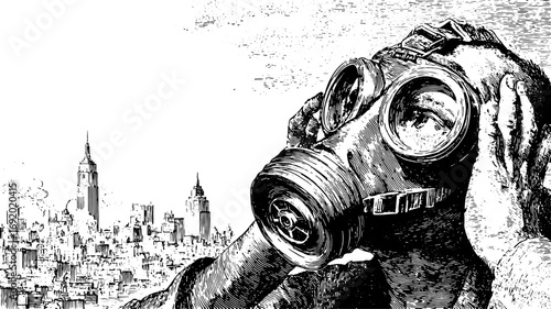 A person with a gas mask is shown in front of a city skyline with smoke. Black and white vector illustration in detailed engraving style.