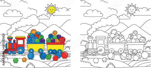 Playful Cartoon Train Carrying Colorful Balls with a Happy Sun