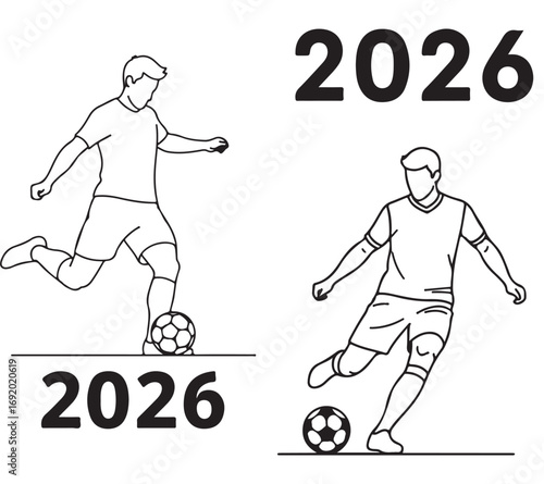 Dynamic Line Art of Soccer Players Kicking Ball with 2026 Year Mark