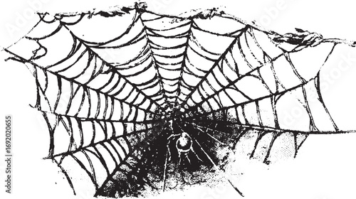 Spider and web in a black and white vector illustration. Detailed line and silk pattern emphasizes arachnid design in this illustration.