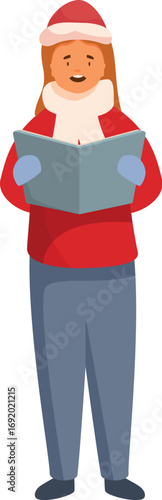 Girl singing christmas carols, wearing a santa hat and scarf, holding a songbook, celebrating winter holidays