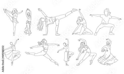 Girls in Dancing Poses Vector – Women in Various Dance Positions, Line Art Illustrations