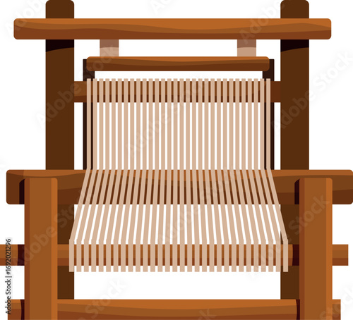 Wooden hand loom weaving beige fabric, traditional textile production tool, isolated on white background