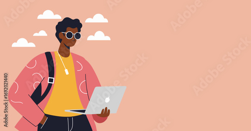 Stylish young person in sunglasses and a backpack, casually working on a laptop outdoors. Ideal for modern lifestyle, digital nomad, remote work, and technology concepts.