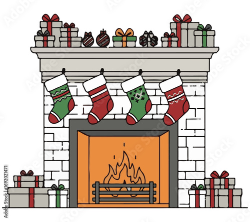 Festive Christmas Fireplace with Hanging Stockings, Gift Boxes, and a Warm Fire