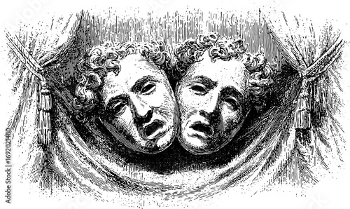 Tragedy masks with expressive faces and curly hair in classical theatre style. Vintage black and white engraving with curtain. Vector illustration.