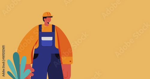 Illustration of a skilled worker in a hard hat and overalls, representing construction, industry, and safety. Ideal for concepts like employment and trade professions.
