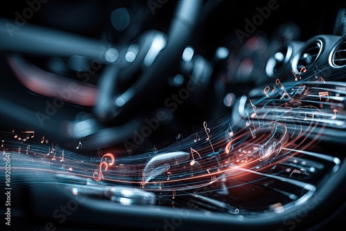 Abstract musical notes overlay on a car dashboard.