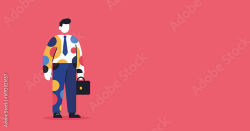 Contemporary illustration of a professional standing out with a vibrant, abstract patterned outfit, carrying a briefcase. Highlights individuality and diverse business perspectives.