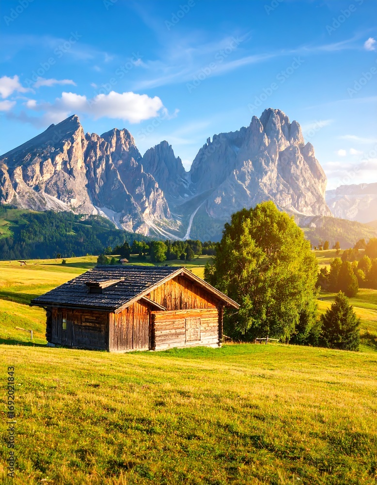 Fototapeta premium Alpine chalet at sunset