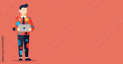 Modern professional in a vibrant, creative outfit holding a laptop, ideal for concepts of innovation, digital work, freelance, and technology.