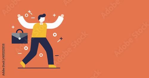 Energetic businessman celebrates success and career achievement with arms raised, symbolizing victory, new opportunities, and professional growth.