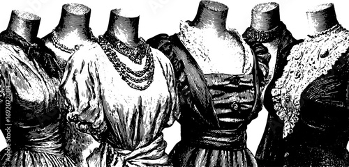Set of vintage fashion dresses on manikins featuring lace, collar, and historic garment details. Black and white engraving illustration, vector style.
