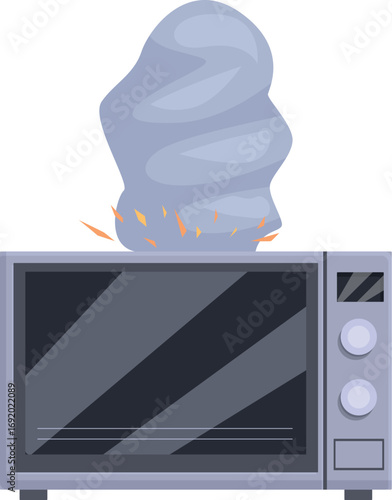 Smoke and sparks rising from a malfunctioning microwave oven, illustrating a potential fire hazard in the kitchen