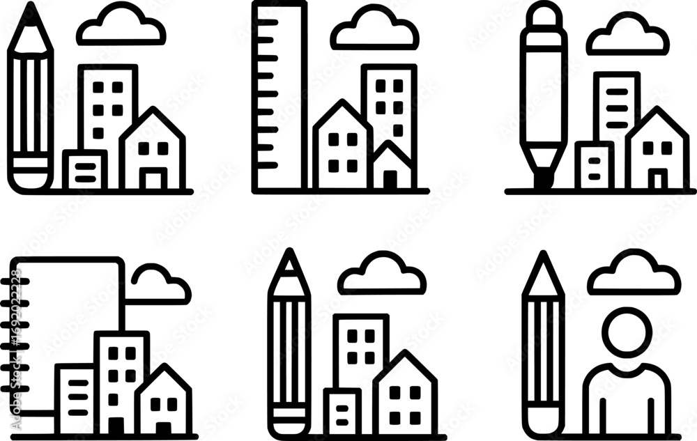 Fototapeta premium Stationery Cityscape Vector Icon Set Urban Office Design Illustration Collection